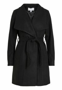 Cappotto in lana nero con ampio bavero, vita con cintura e tasche laterali; trama liscia con taglio dritto e design di lunghezza media.