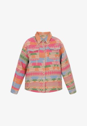 Színes mintás ing, amely rózsaszín, zöld, kék és narancs árnyalatok keverékéből áll. Elöl gombos, galléros, és két mellzsebbel rendelkezik.