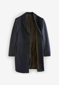 Abrigo de lana azul marino con cuello con muescas, cinco botones y bolsillos laterales; el interior presenta un forro marrón texturizado.