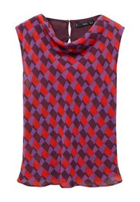 Purple sleeveless blouse featuring a draped neckline and a geometric red and purple diamond pattern. Soft, lightweight fabric with a button closure at the back.