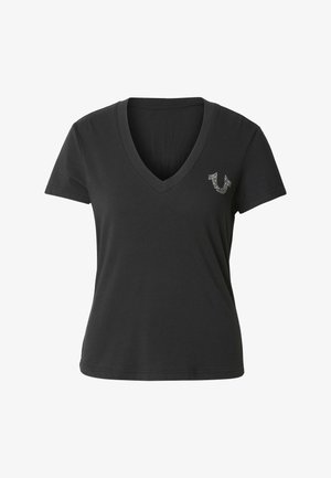 Schwarzes V-Ausschnitt-T-Shirt aus Baumwolle mit figurbetonter Passform, kurzen Ärmeln und kleinem Strasslogo auf der linken Brust.