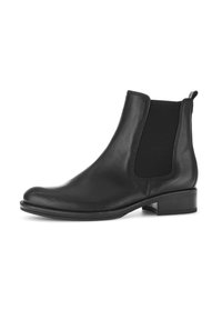 Zwarte leren chelsea boot met elastische zijkanten, ronde neus en een lage blokhak. Glad oppervlak en minimale stikseldetails.