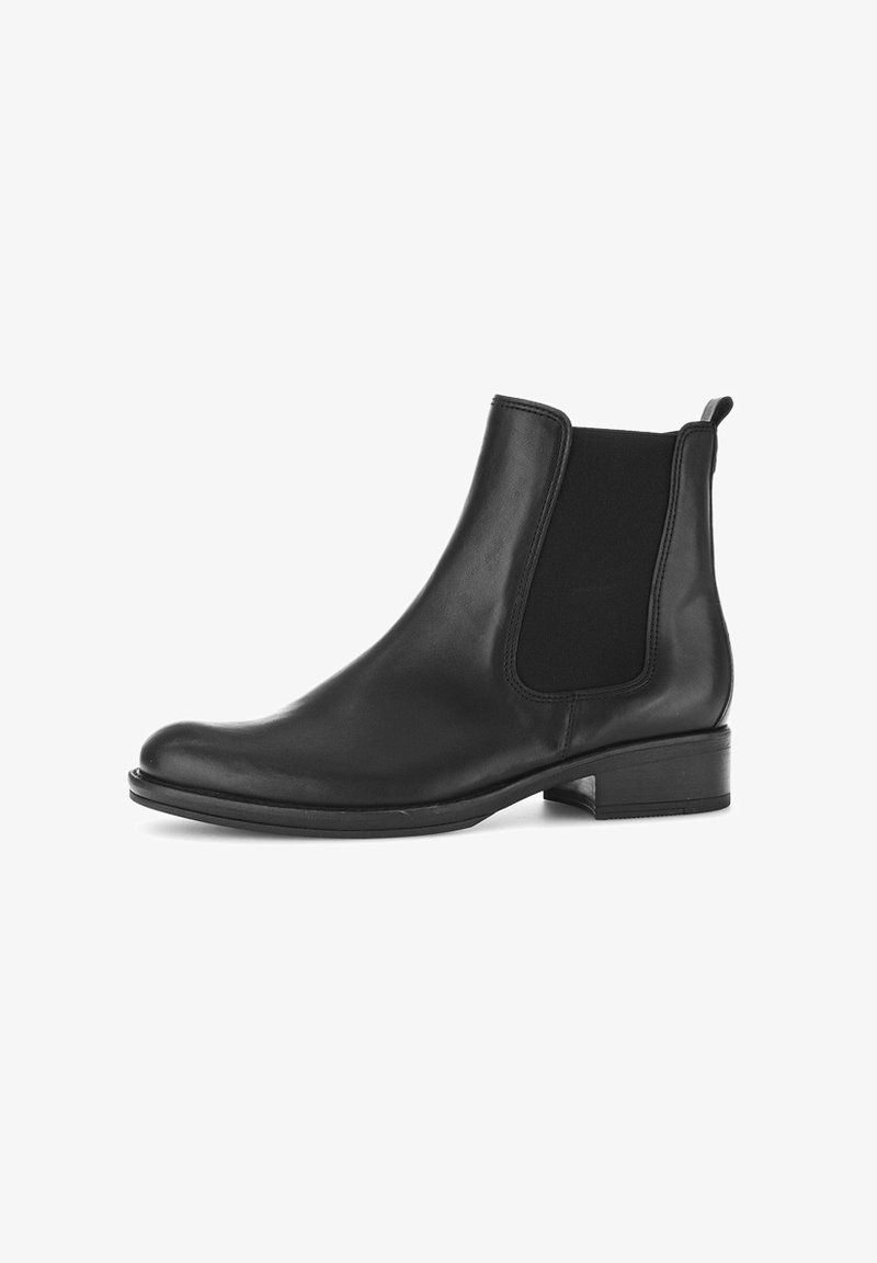 Zwarte leren chelsea boot met elastische zijkanten, ronde neus en een lage blokhak. Glad oppervlak en minimale stikseldetails.