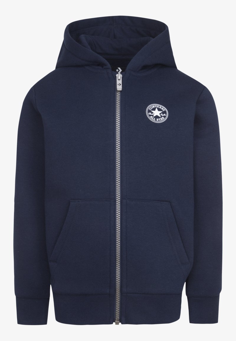Navy blue zip-up hoodie made of soft cotton, featuring a kangaroo pocket, ribbed cuffs, and a circular logo on the left chest.