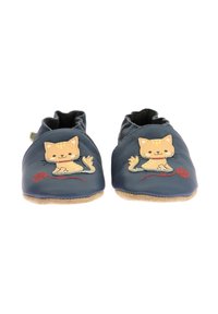 Zapatos infantiles de cuero azul marino con un diseño de gatito en color marrón y bordado de hilo rojo. Suela blanda con aberturas elásticas para facilitar el uso.