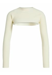 Krämfärgad ribbad stickad kort shrug med långa ärmar och rund halsringning, designad för att täcka axlar och armar.