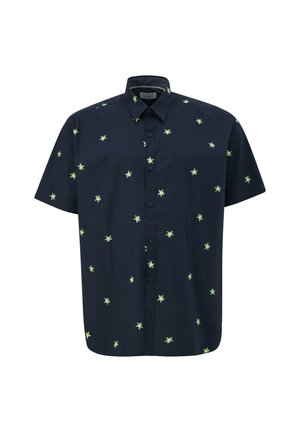 Chemise à manches courtes navy avec un motif intégral de petits dessins de feuilles vertes. Confectionnée en coton, elle possède un col pointu et une fermeture à boutons sur le devant.