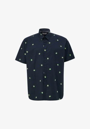 Korte mouwen marineblauw shirt met een overal patroon van kleine groene bladdesigns. Gemaakt van katoen, met een knoopsluiting aan de voorkant en een puntkraag.