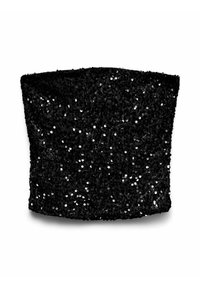 Melnas sekvīru audums ar gludu tekstūru, kurā ir blīvi sakrauti spīdīgi sekvīri, kas rada atstarojošu virsmu. Taisnstūra forma.