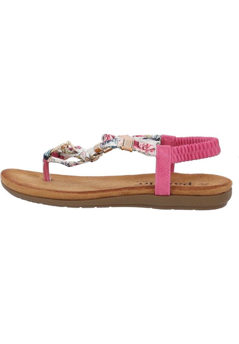 Sandalo piatto con suola marrone texturizzata, cinturino rosa e parte superiore con motivo floreale e un accento decorativo dorato.