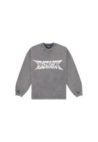 Felpa grigia in misto cotone, con un design grafico testuale bianco sul davanti. Presenta maniche lunghe e un collo a giro.