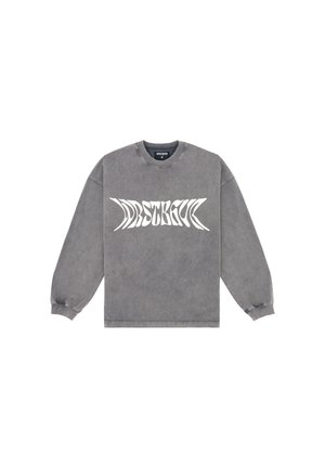 Grauer Sweatshirt aus Baumwollmischung mit einem weißen grafischen Textdesign auf der Vorderseite. Mit langen Ärmeln und Rundhalsausschnitt.