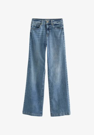 Jeans largi de culoare albastru deschis, din denim, cu închidere prin buton frontal, cinci buzunare și o spălare decolorată, având margini drepte.