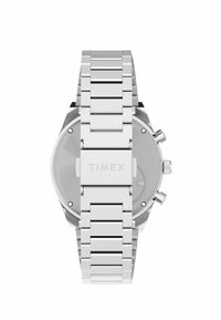 Stříbrné nerezové ocelové náramkové hodinky s náramkem na články, kulatým pouzdrem a funkcemi chronografu. Disponují hladkým, matným povrchem a význačnými součástmi.