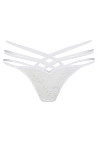 Witte kanten string met kruisende elastische banden. De voorkant heeft een bloemenpatroon met een gladde textuur en een driehoekige vorm.