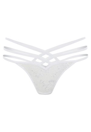 String en dentelle blanche avec des bretelles élastiques croisées. L'avant présente un motif floral avec une texture lisse et une forme triangulaire.