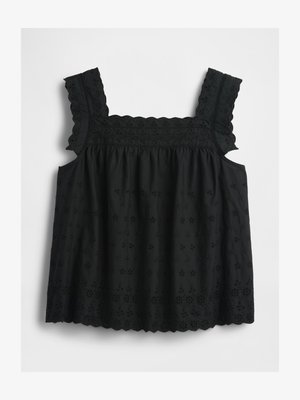 Black sleeveless top with ruffled straps, floral eyelet embroidery, scalloped hem, and gathered bodice for a loose, flowy fit.