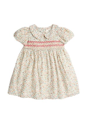 Kremfarvet babykjole med pufærmer, blomsterprint, rød smockprikket detalje over brystet og rund krave.