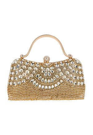 Arany tónusú kézitáska nagy kristálykövekkel és kisebb strasszkövekkel díszítve, díszes, szimmetrikus mintázatokkal és kerek, drágakövekkel ékesített csattal.