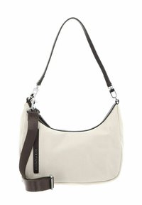 Sac hobo en nylon beige clair avec bandoulière marron foncé, ferrures argentées et passepoil noir contrastant le long du bord supérieur.