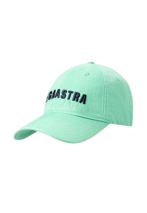 Hellgrüne Baseballkappe mit gebogenem Schirm und schwarzem, gesticktem Text "GAASTRA" auf der Vorderseite.