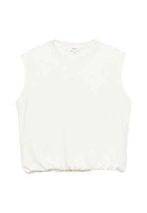 Top corto bianco senza maniche con scollatura tonda e orlo elastico, realizzato in tessuto morbido, mostrato disteso su sfondo bianco.