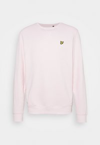 Felpa rosa chiaro, materiale in cotone, colletto a girocollo, maniche lunghe, polsini e orlo a coste, con un piccolo logo ricamato giallo sul petto.