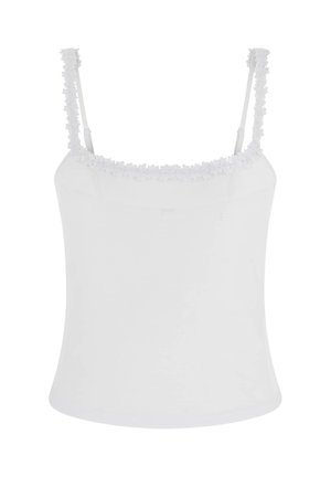 Witte mouwloze top met dunne bloemenkantbandjes en bijpassende kanten rand langs de halslijn.