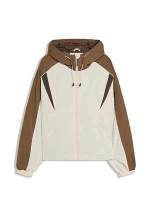 Lysebeige og brun lynlåstrøje med hætte, mørkebrune skrå sidepaneler og elastiske manchetter på ærmerne.