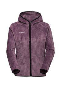 Lila Fleecejacke mit strukturiertem Muster, schwarzem Reißverschluss und Kapuze. Enthält schwarze Akzente an den Bündchen und Taschen. Mit einem Logo auf der Brust.