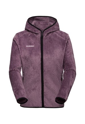 Lila Fleecejacke mit strukturiertem Muster, schwarzem Reißverschluss und Kapuze. Enthält schwarze Akzente an den Bündchen und Taschen. Mit einem Logo auf der Brust.