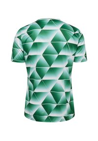 Grön t-shirt med kort ärm som har ett geometriskt diamantmönster i olika nyanser av grönt och vitt, tillverkad av ett mjukt och lätt material.