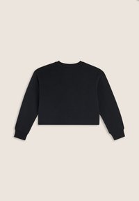 Felpa nera corta con maniche lunghe, scollo rotondo e polsini a costine. Tessuto liscio, design minimalista, senza motivi o dettagli visibili.