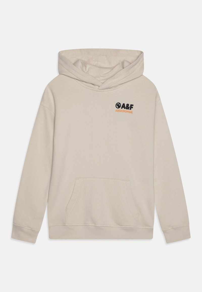 Beige hoodie lavet af blødt materiale. Har en kengurulomme, justerbar hætte og et frontlogo i sort og orange.