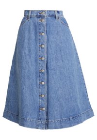 Jeanskjol med hög midja, A-linjeform, blå färg och knäppning framtill med knappar. Har fem knappar och sydd fålldetalj.