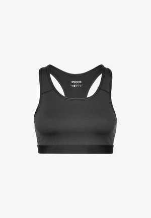 Soutien-gorge de sport noir au design ajusté, fabriqué en tissu lisse. Caractéristiques : style dos nageur, bretelles larges et bande élastique en bas.