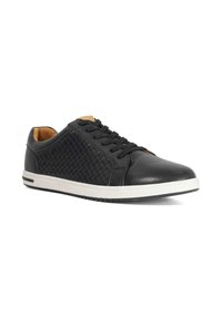 Black leather sneakers with a textured quilted panel, round toe, six eyelets, and a white rubber sole with a black stripe.