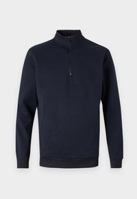 Pullover in fleece di colore blu navy con mezzo zip, collo alto e polsini e orlo a costine. Texture liscia senza pattern o accenti visibili.