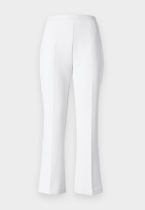 White tailored pants with a straight fit, featuring a smooth texture, subtle pleats, and a clean waistband design.