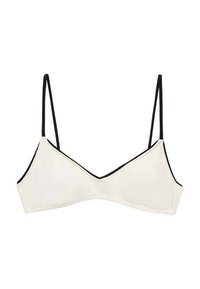White bralette with black accents, featuring thin adjustable straps, a v-shaped neckline, and a smooth texture.