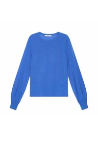 Pull à manches longues et col rond en bleu vif. Comprend des poignets ajustés et une texture douce pour le confort. Fabriqué en maille légère.