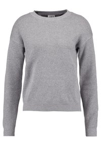 Gray sweatshirt made of soft knit fabric, featuring a crew neckline, long sleeves, ribbed cuffs, and hem, with a relaxed fit.