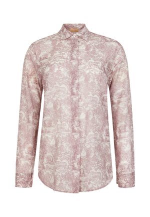 Jasnoróżowa koszula na długi rękaw z guziczkami, z subtelnym wzorem zwierząt i natury, klasycznym kołnierzykiem i ukrytymi guzikami z przodu.