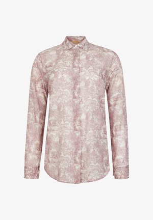 Jasnoróżowa koszula na długi rękaw z guziczkami, z subtelnym wzorem zwierząt i natury, klasycznym kołnierzykiem i ukrytymi guzikami z przodu.