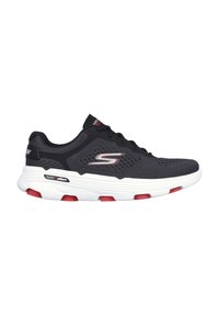 Black athletic sneakers with mesh upper, logo on the side, and white midsole featuring red accents. Lace-up design with cushioned sole.