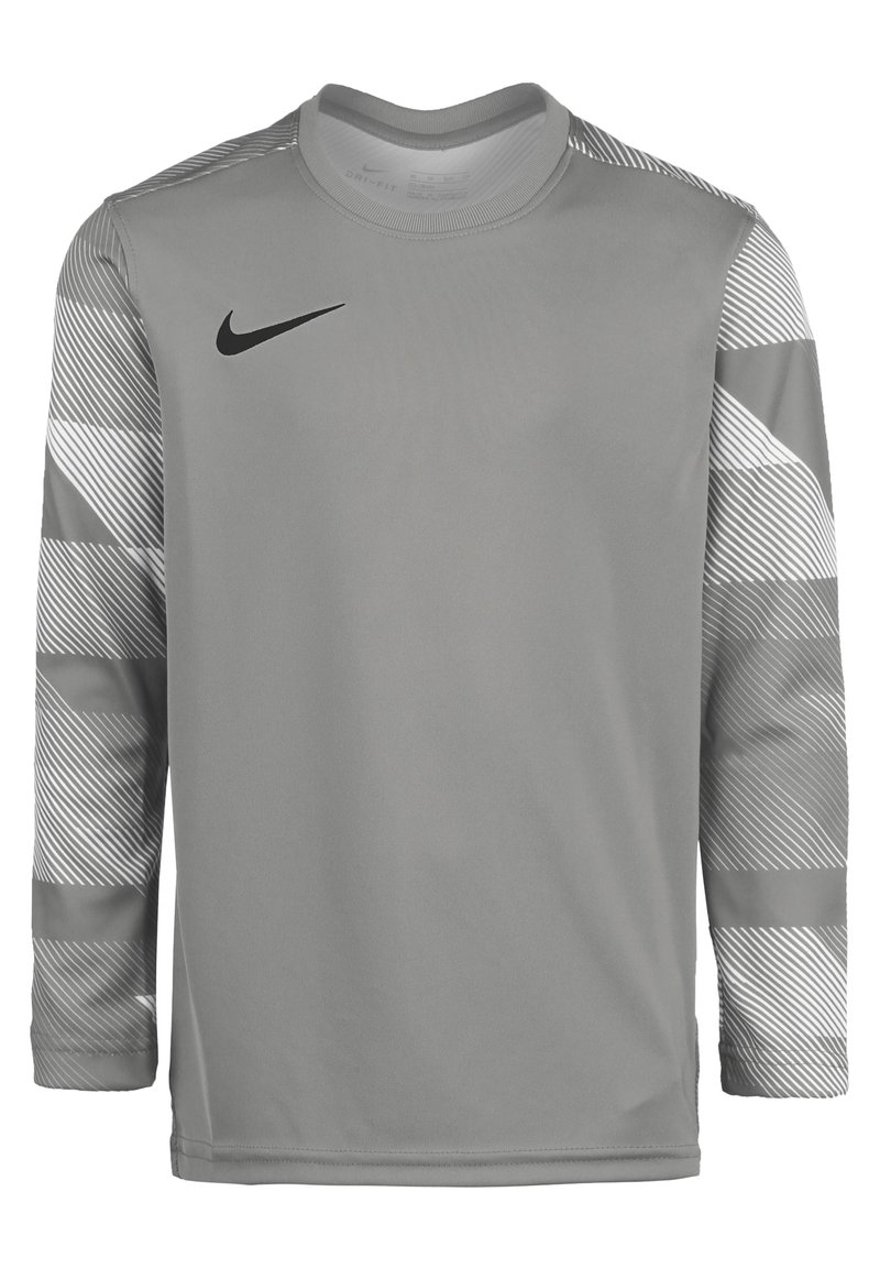 Maglietta da allenamento a maniche lunghe grigia con accenti grigi a righe sulle maniche, con logo Nike nero sul lato sinistro del petto.