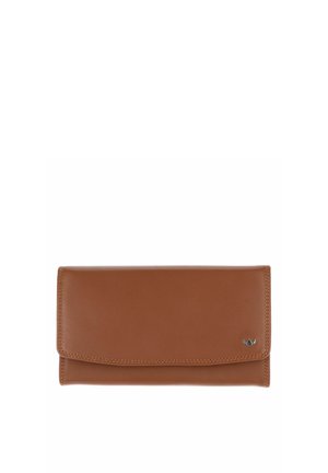 Brown leather wallet with stitched edges and small metal emblem on the bottom right corner, closed flap design.