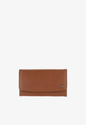 Brown leather wallet with stitched edges and small metal emblem on the bottom right corner, closed flap design.