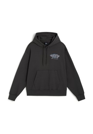 Zwarte hoodie met voorzak en Vans-logo met een visontwerp en de tekst "Off The Wall" op de borst.