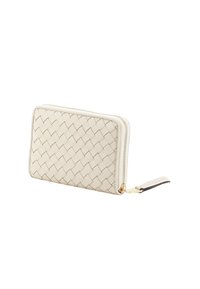 Woven leather wallet in cream with a zip closure, featuring a textured surface and gold-tone hardware. Compact rectangular design.